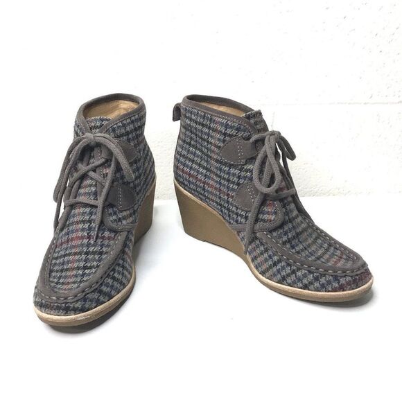 G. H. Bass & Co. Womens Gray Houndstooth Plaid Lace Up Wedge Booties Size 8M - Picture 1 of 12